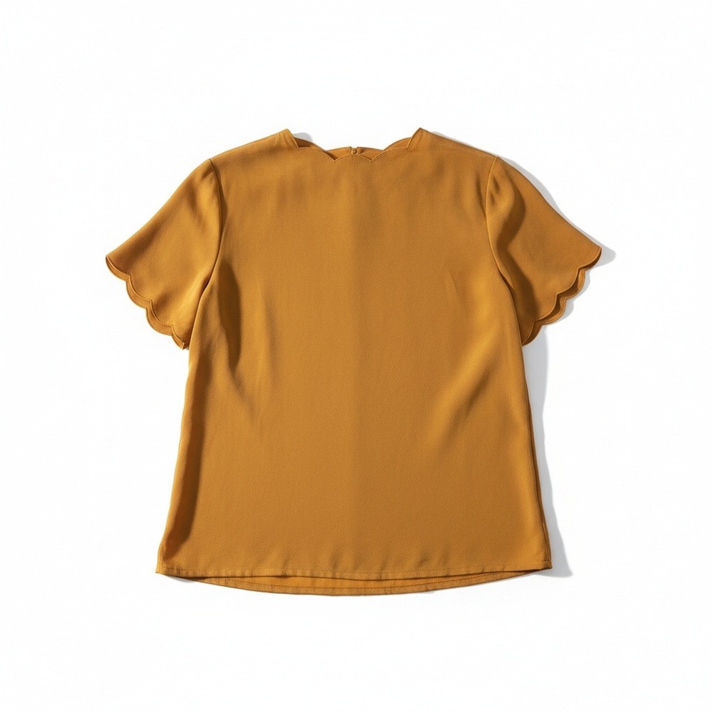 Sara Stephen Mustard Yellow Blouse, Women's Small Keyhole Back, Scalloped Sleeve